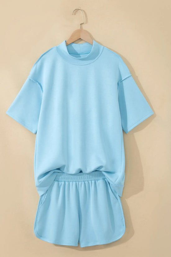 Exposed seam mock neck oversized tee shorts two piece set pockets outfit sets
