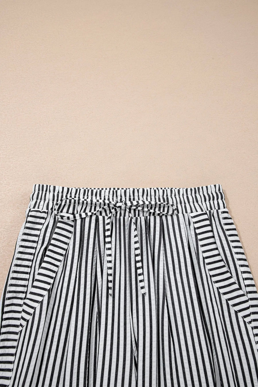 Black Stripe High Waist Wide Leg Drawstring Casual Trousers with Pockets