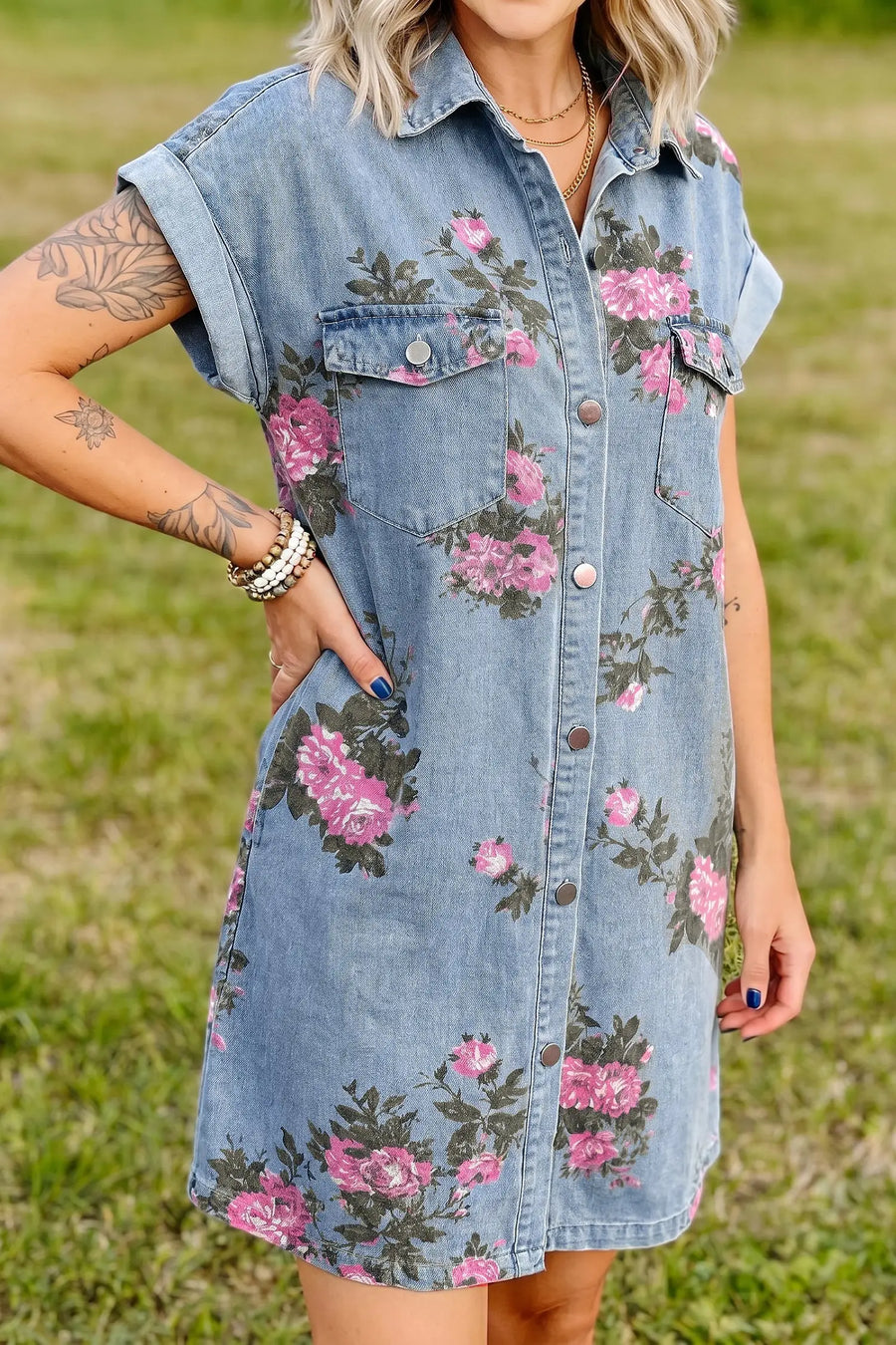 Sky Blue Denim Floral Button Down Shift Dress Women UK