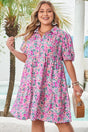Plus Size Pink Floral Half Button Puff Sleeve A-Line Dress Women UK