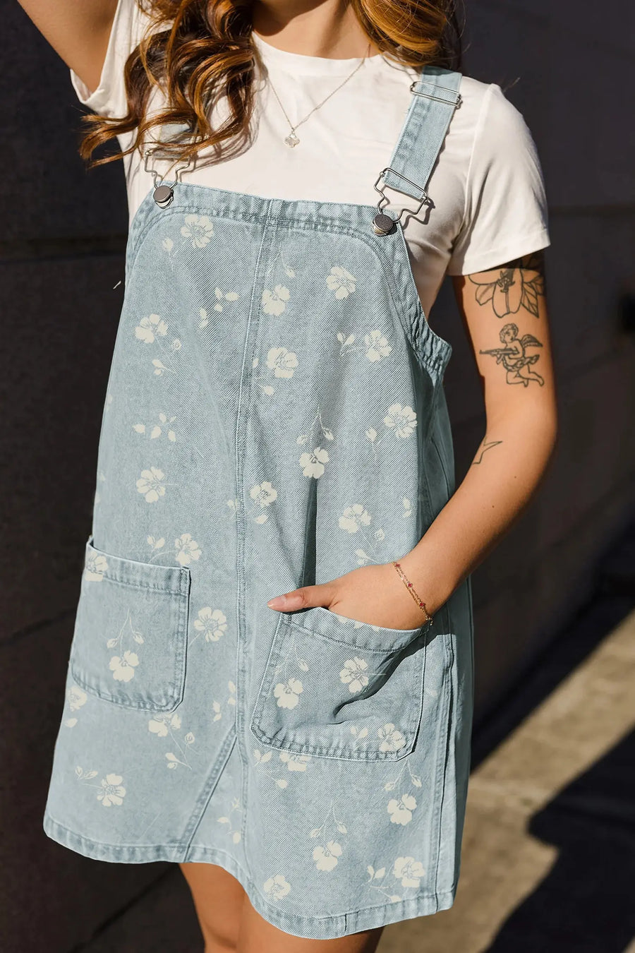 Sky Blue Retro Wash Denim Floral Print Overall Mini Dress Women UK