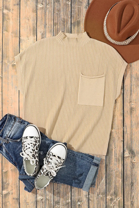 Ribbed knit short sleeve sweater with patch pocket | fashionfitz