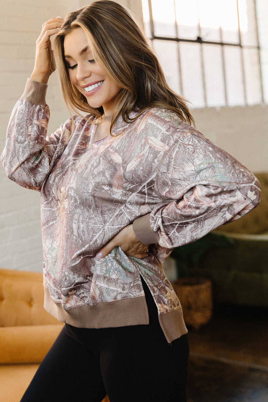 Brown Abstract Camo Colourblock Baggy Pullover Sweatshirt