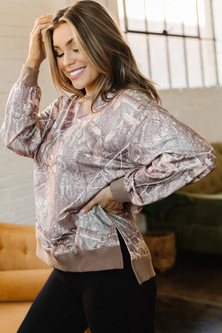 Brown Abstract Camo Colourblock Baggy Pullover Sweatshirt