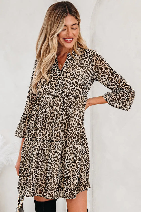 Khaki leopard v neck 3/4 sleeve mini swing dress