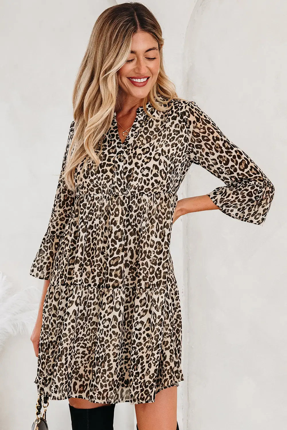 Khaki leopard v neck 3/4 sleeve mini swing dress