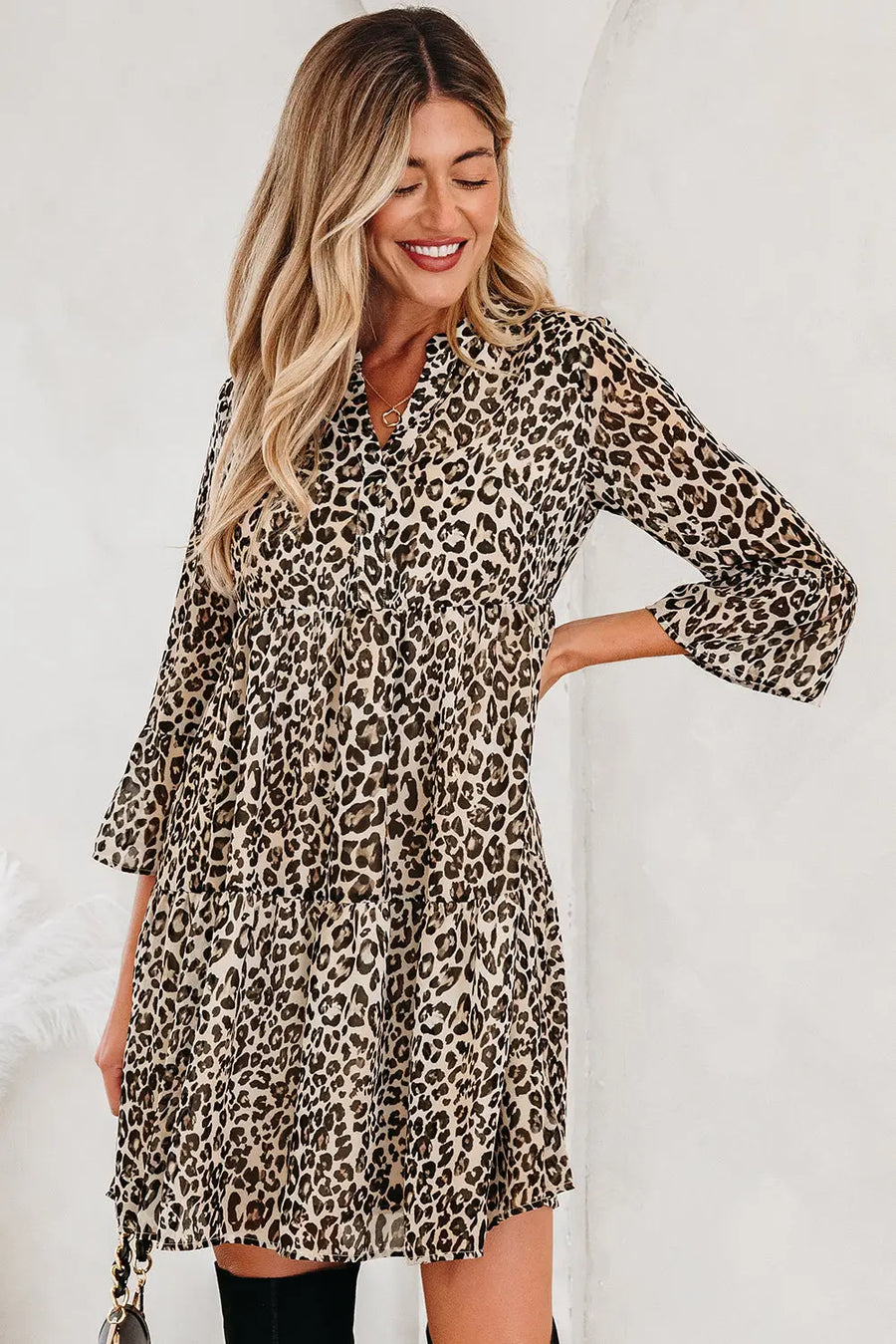 Khaki leopard v neck 3/4 sleeve mini swing dress