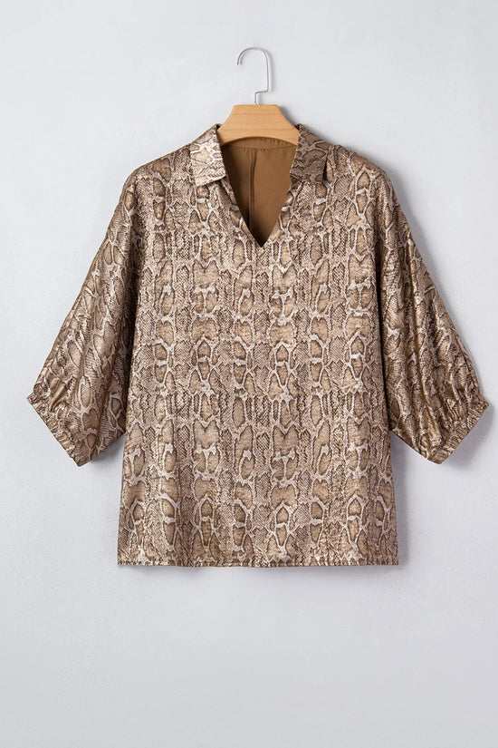 Half sleeve and polo collar on brown metallic leopard blouse | Fashionfitz UK