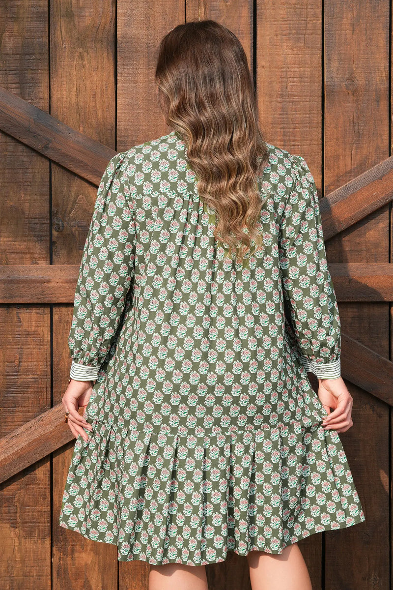 Green Plus Size Floral Frilled Collar 3/4 Sleeve Dress Women UK — back view
