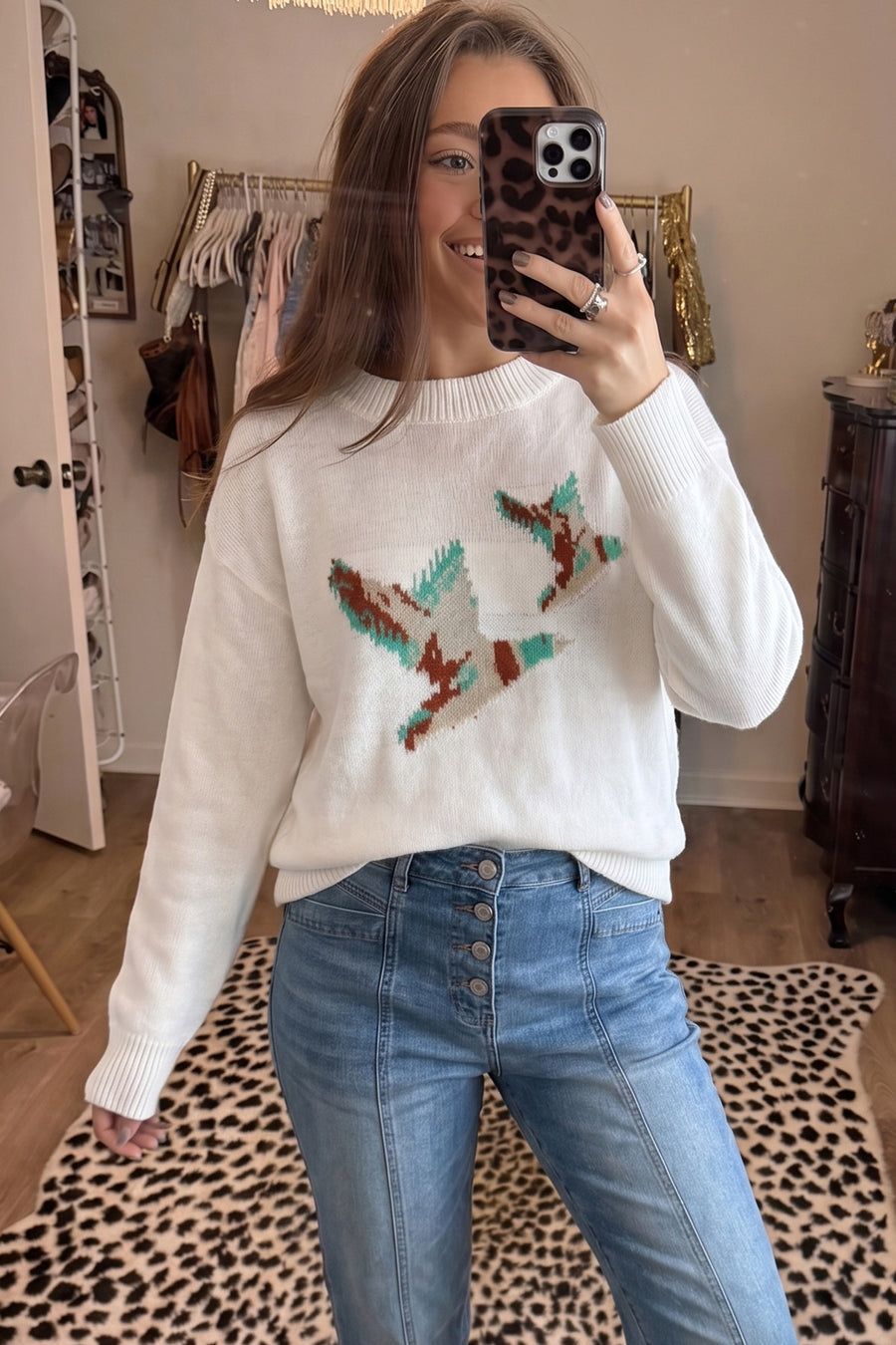 Mallard Print Drop Shoulder Pullover Sweater Women UK