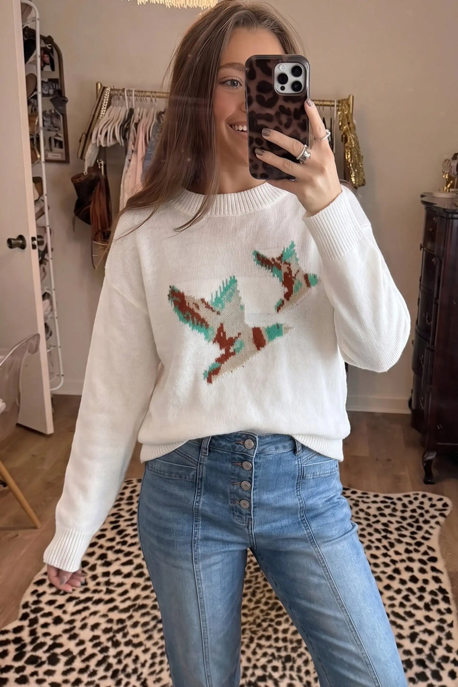Mallard Print Drop Shoulder Pullover Sweater Women UK — back view | Fashionfitz UK