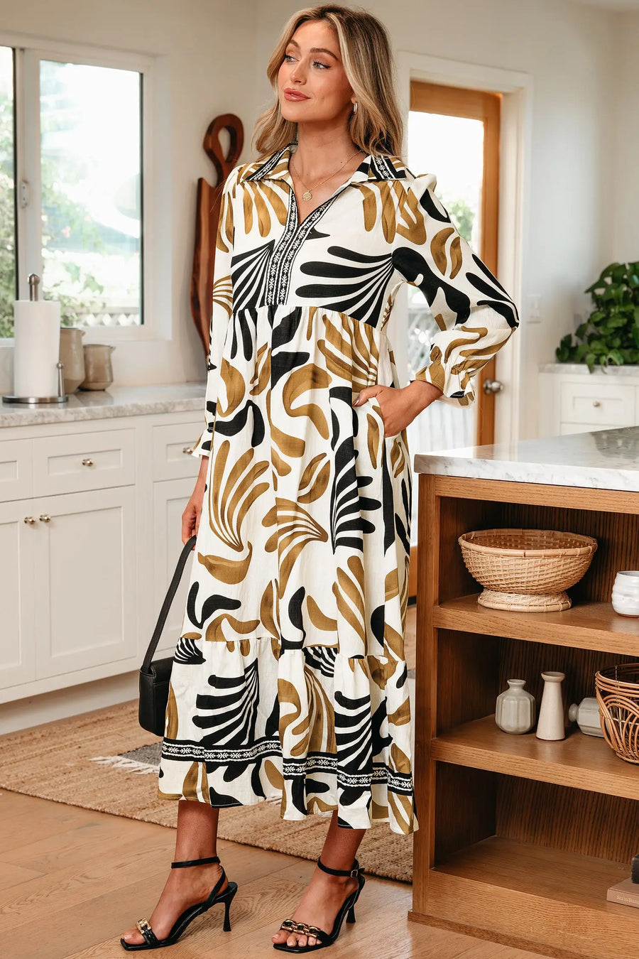 Brown Tropical Print Contrast Trim Long Sleeve Dress Women UK — side detail
