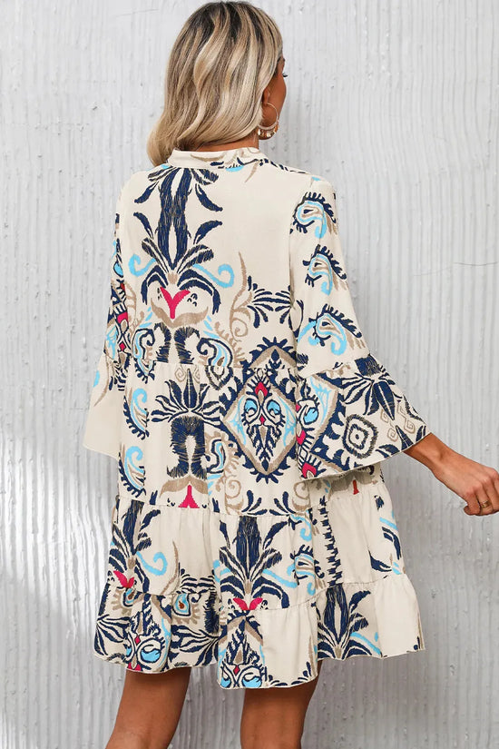 Tribal Print Bracelet Sleeve Buttoned Mini Dress - Fashionfitz