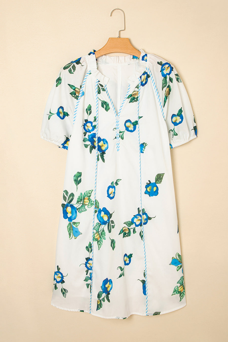 White Plus Size Floral Puff Sleeve Contrast Tie V Neck Dress Women UK