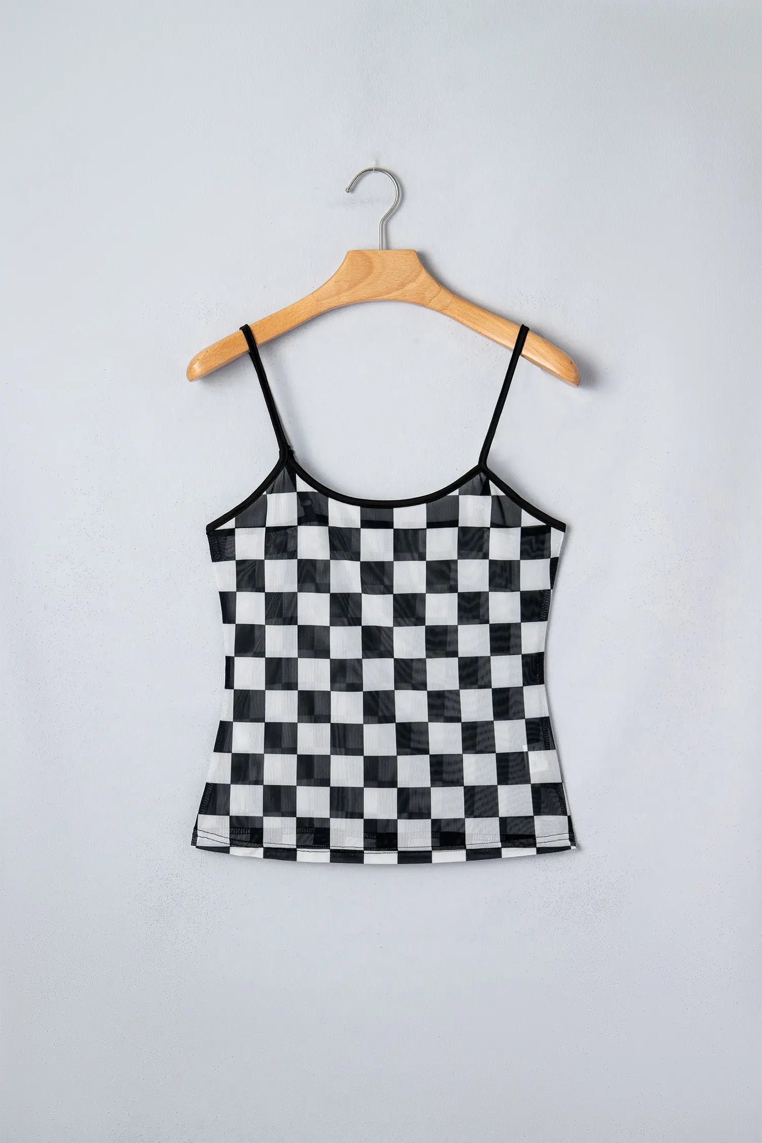 Sheer checkered print spaghetti strap slim crop tank top tops