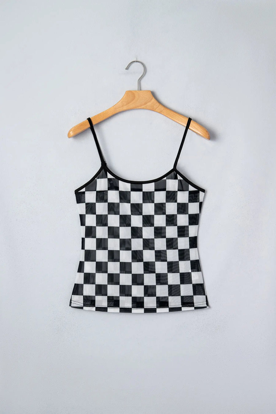 Sheer checkered print spaghetti strap slim crop tank top tops