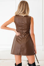 Brown Faux Leather Sleeveless Mini Dress