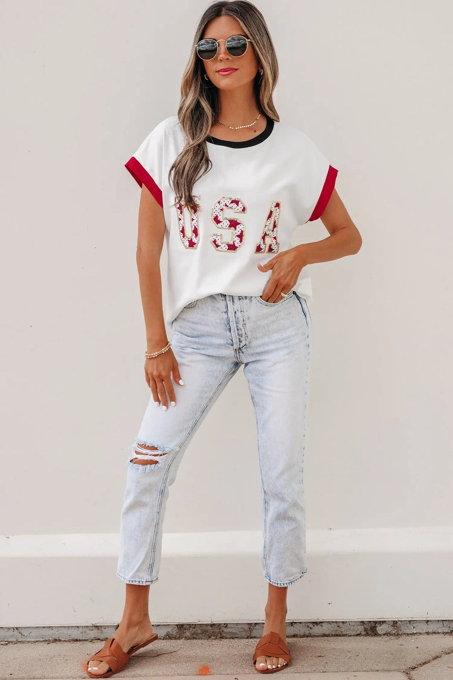 Women’s usa sequin colourblock letter print loose t-shirt t-shirts