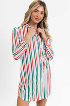 Front view of Pink Candy Cane Stripe Christmas Lounge Dress by FashionFitz, showcasing button-down design and playful holiday stripe pattern.