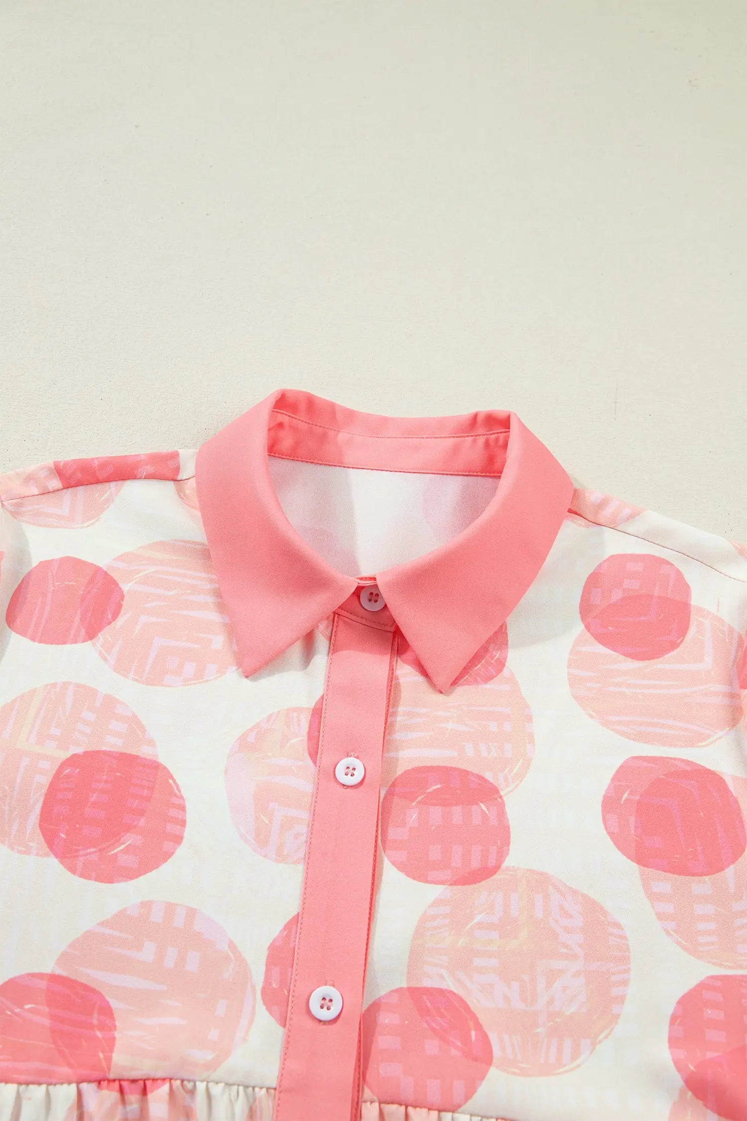 Polka dot ruffle sleeve babydoll shirt button front collar pink shirts