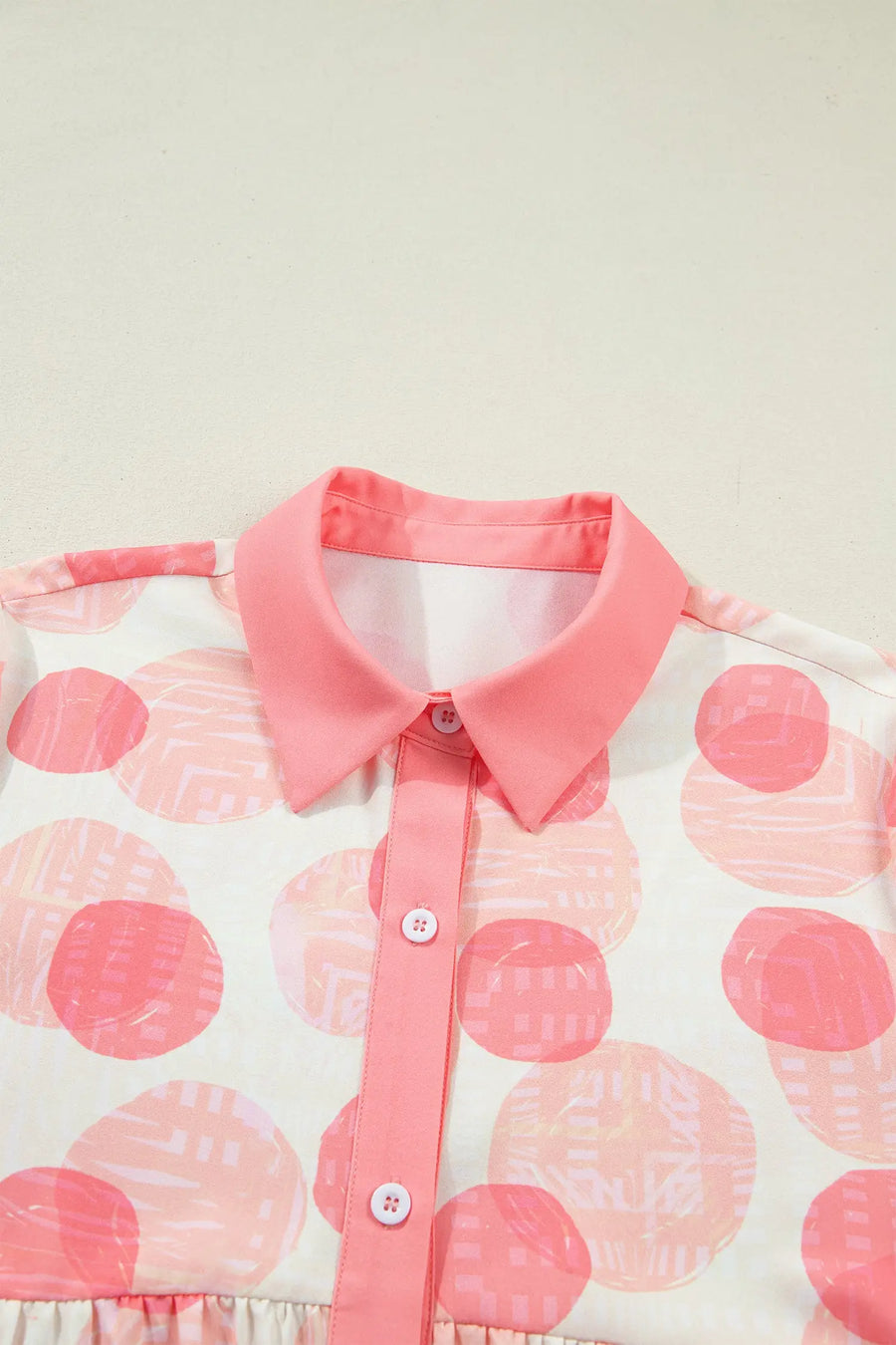 Polka dot ruffle sleeve babydoll shirt button front collar pink shirts