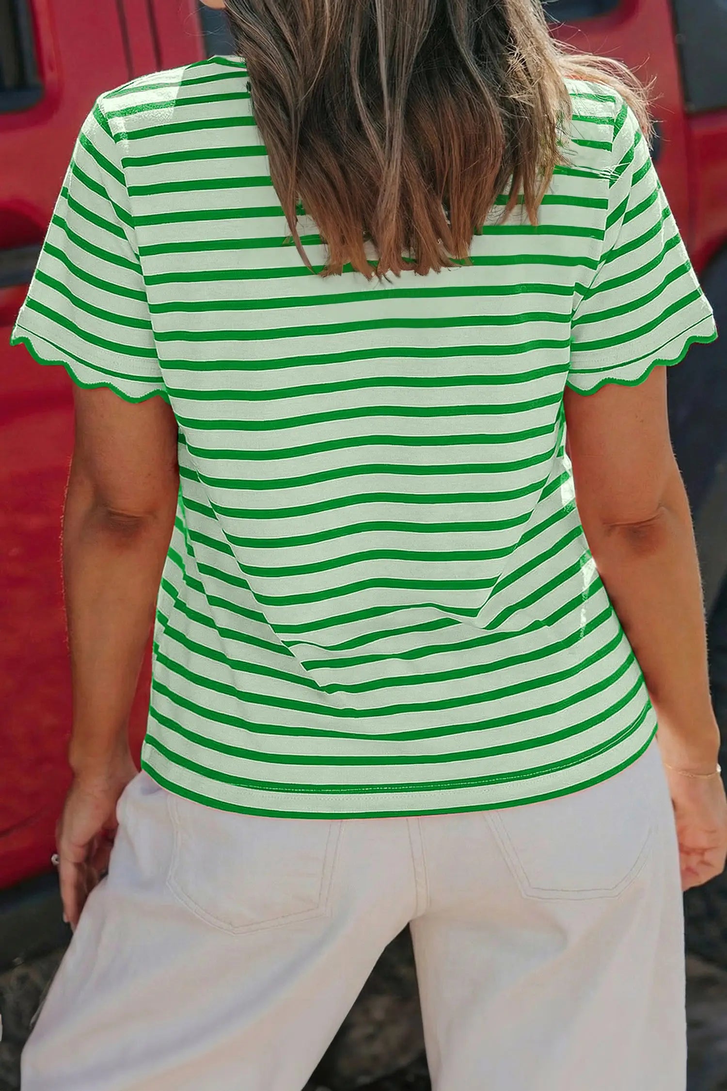 Scalloped trim stripe cotton t-shirt round neck short sleeve t-shirts