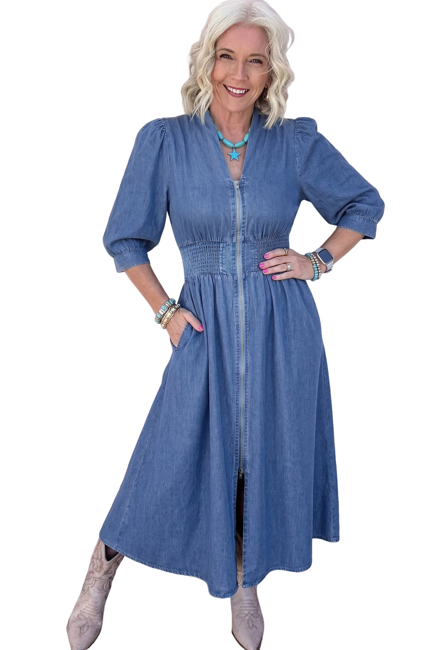 100% cotton denim midi dress styled with ankle boots — Fashionfitz UK
