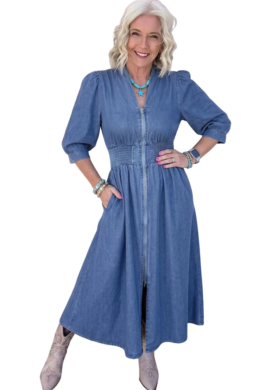 100% cotton denim midi dress styled with ankle boots — Fashionfitz UK