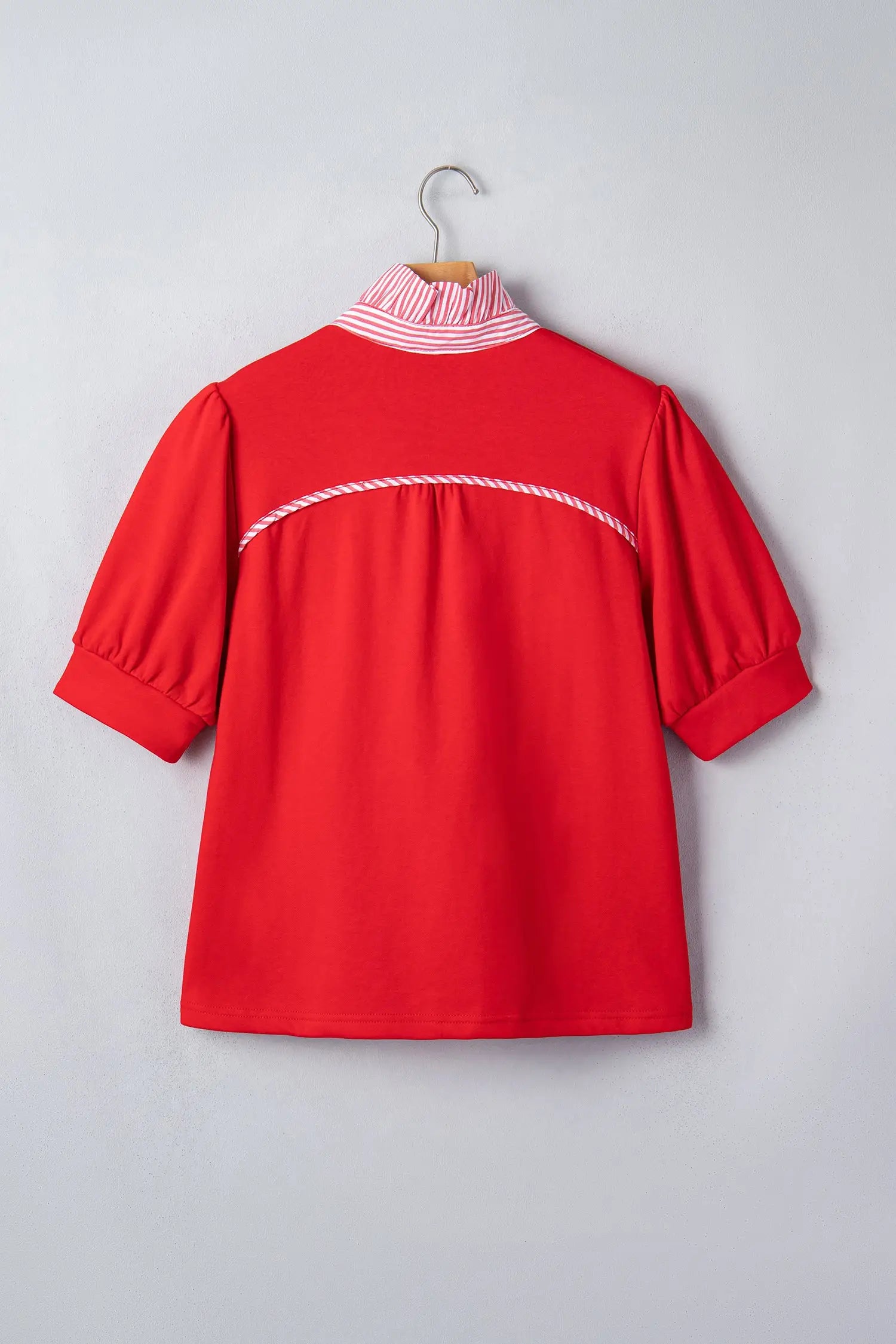 Striped frilled collar puff sleeve button front cotton blouse blouses