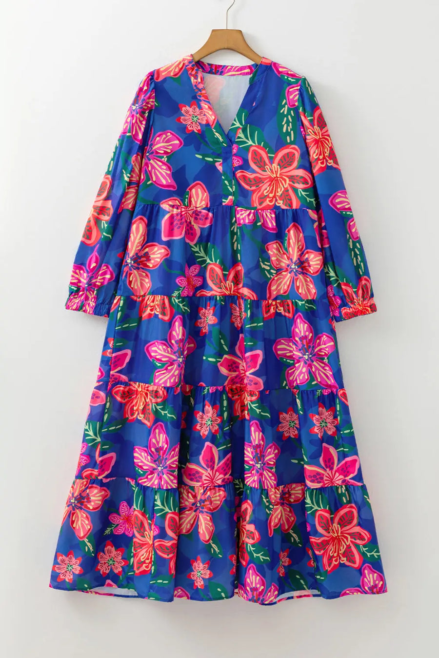 Blue Floral 3/4 Sleeve V Neck Tiered Maxi Dress Women UK