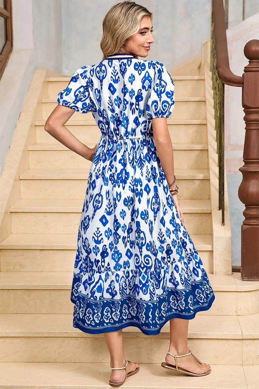 Sky Blue Floral Puff Sleeve V Neck High Waist Maxi Dress Women UK — close-up detail
