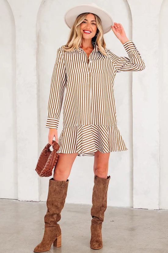 Brown stripe ruffled hem collared long sleeve mini