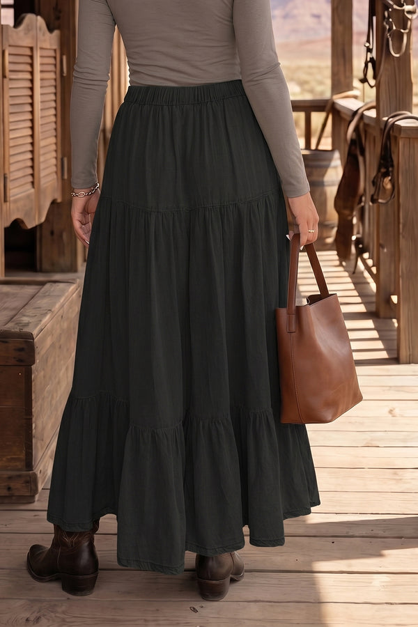 Black Elastic Waist Ruffled Tiered Flared Denim Maxi Skirt Women UK