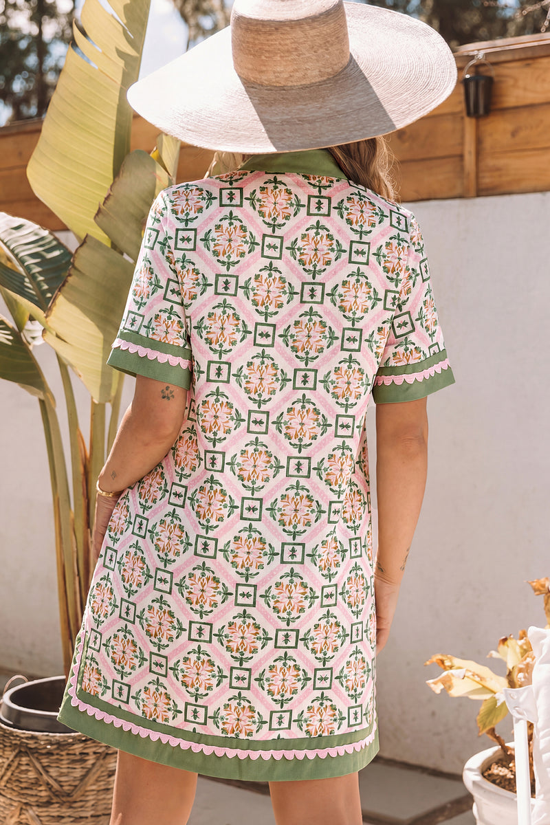Multicolour Boho Geometric Floral Short Sleeve Mini Dress Women UK