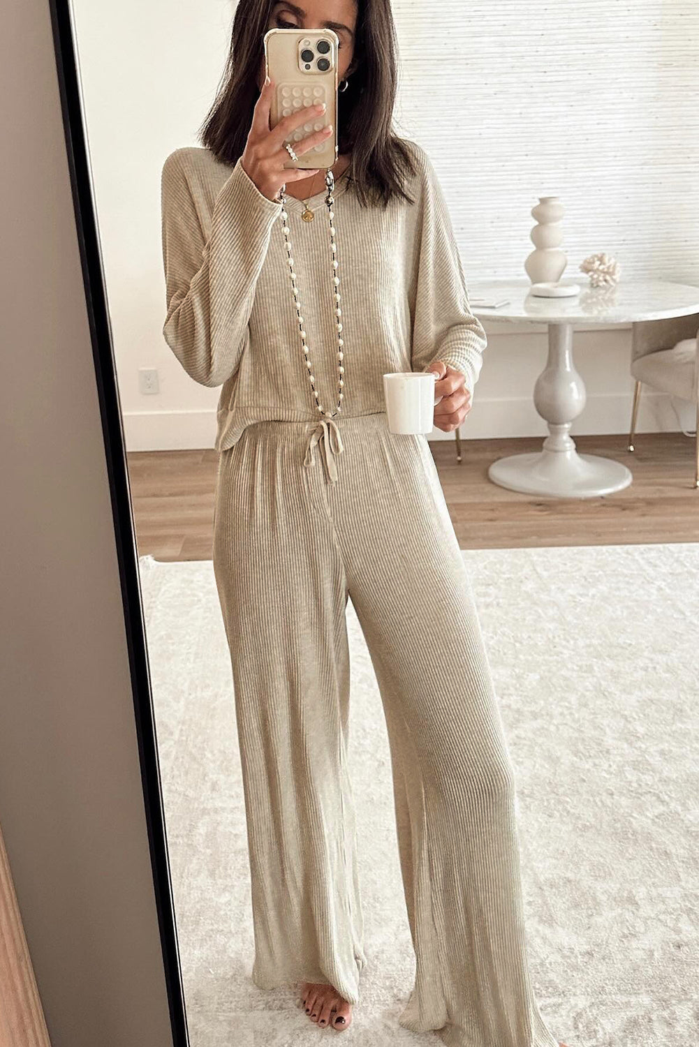 3D Ribbed V Neck Pullover & Drawstring Pants Lounge Set Women UK