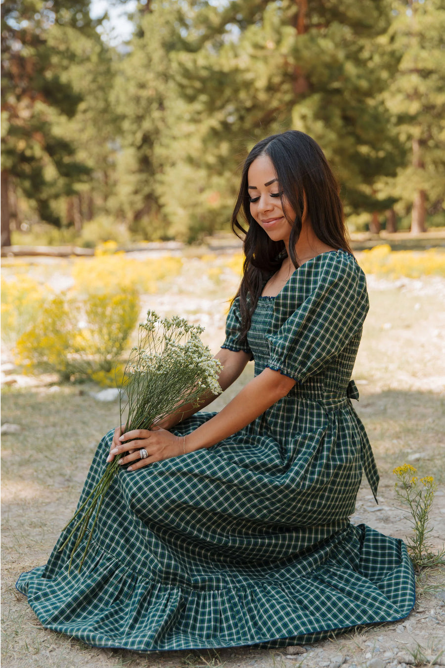 Plaid Square Neck Shirred High Waist Ruffle Hem Dress