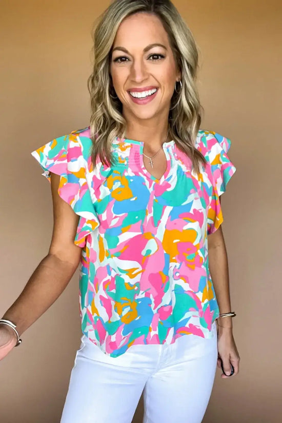 Multi colour flutter sleeve blouse - abstract print notched neck