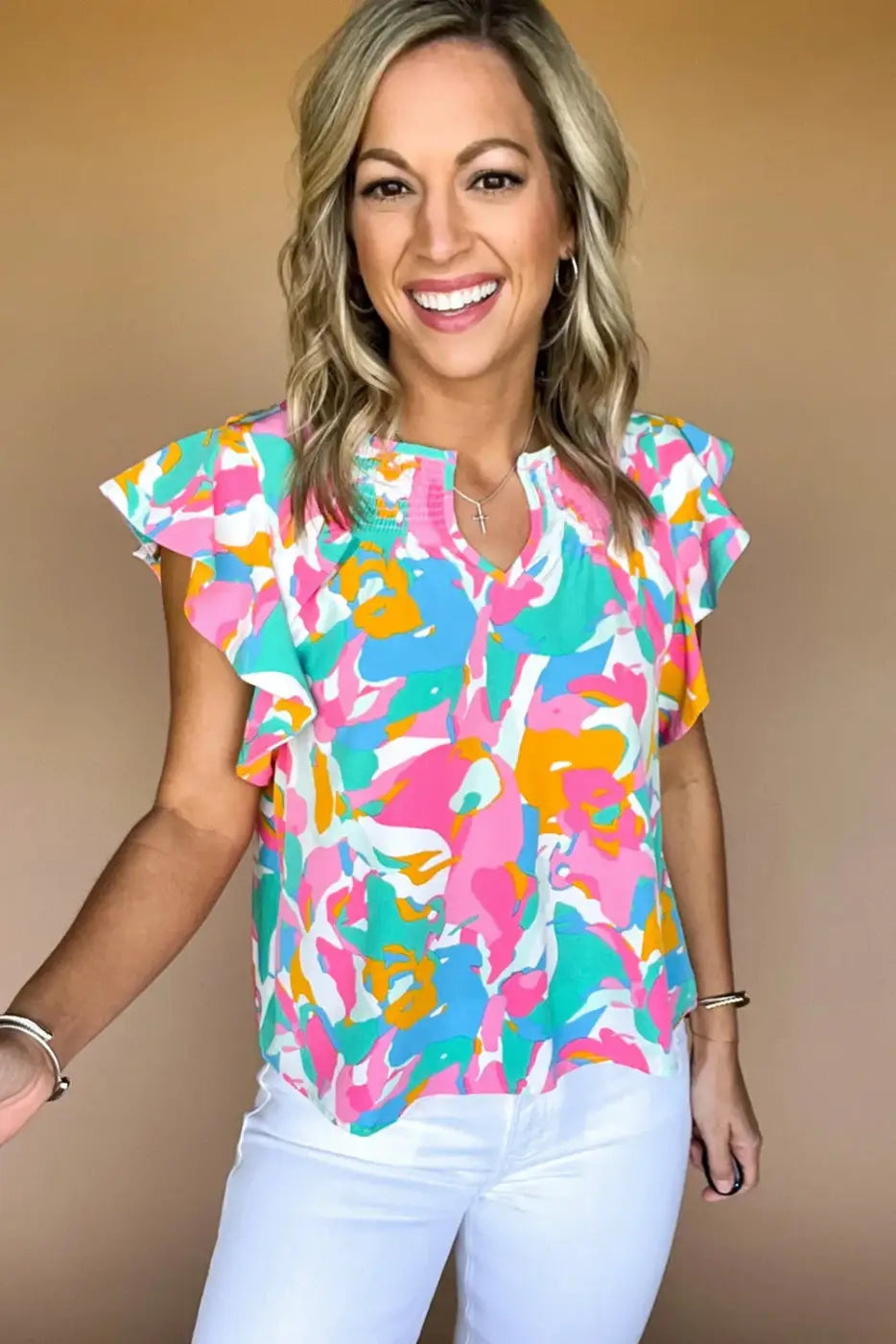 Multi colour flutter sleeve blouse - abstract print notched neck