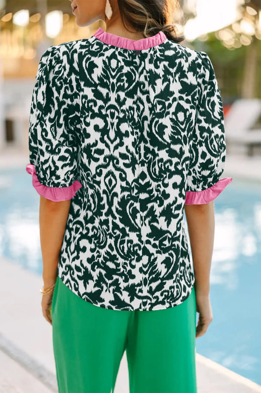 Green damask ruffled color block puff sleeve blouse