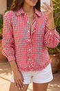 Red plaid long sleeve frill detail button shirt front view — Fashionfitz UK