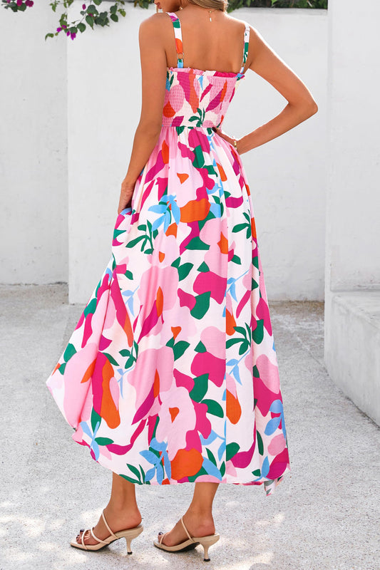 Floral Smocked High Waist Adjustable Strap Midi Sundress Women UK