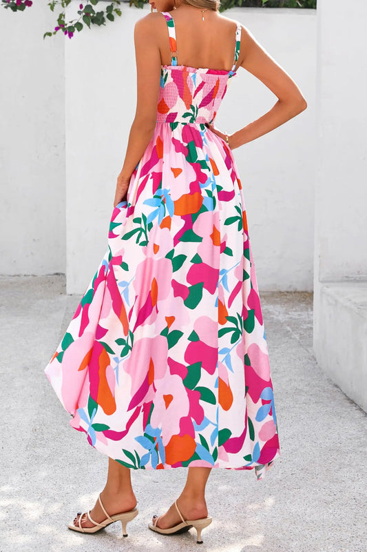 Pink floral print adjustable straps smocked high waist sundress