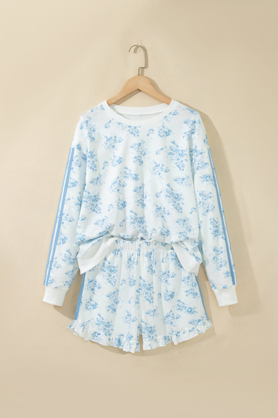 Floral Striped Long Sleeve Top and Shorts Two-Piece Set