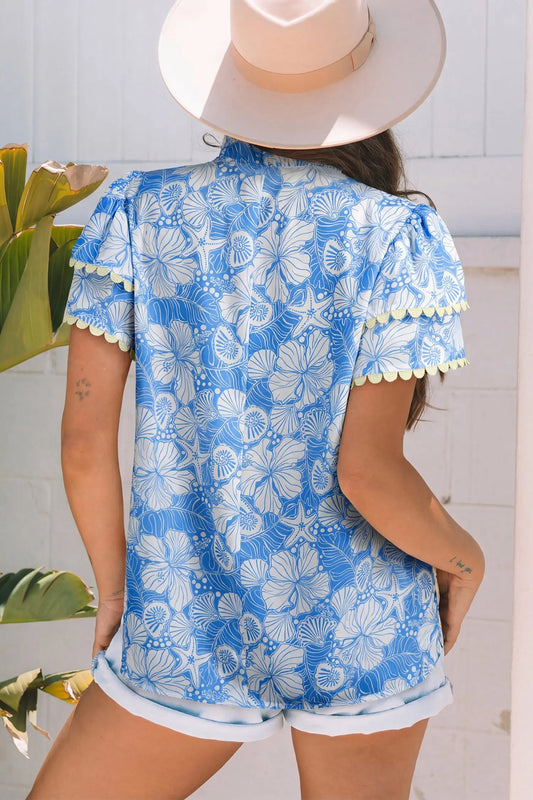 Sky blue oceanic floral scalloped v neck short blouse