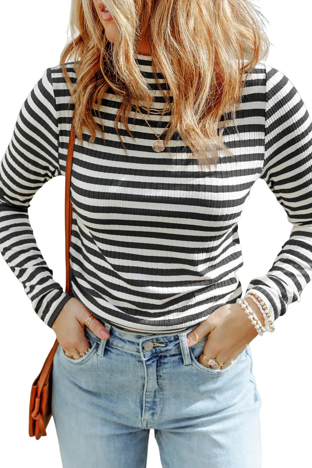 Striped textured knit long sleeve tee clothing tops