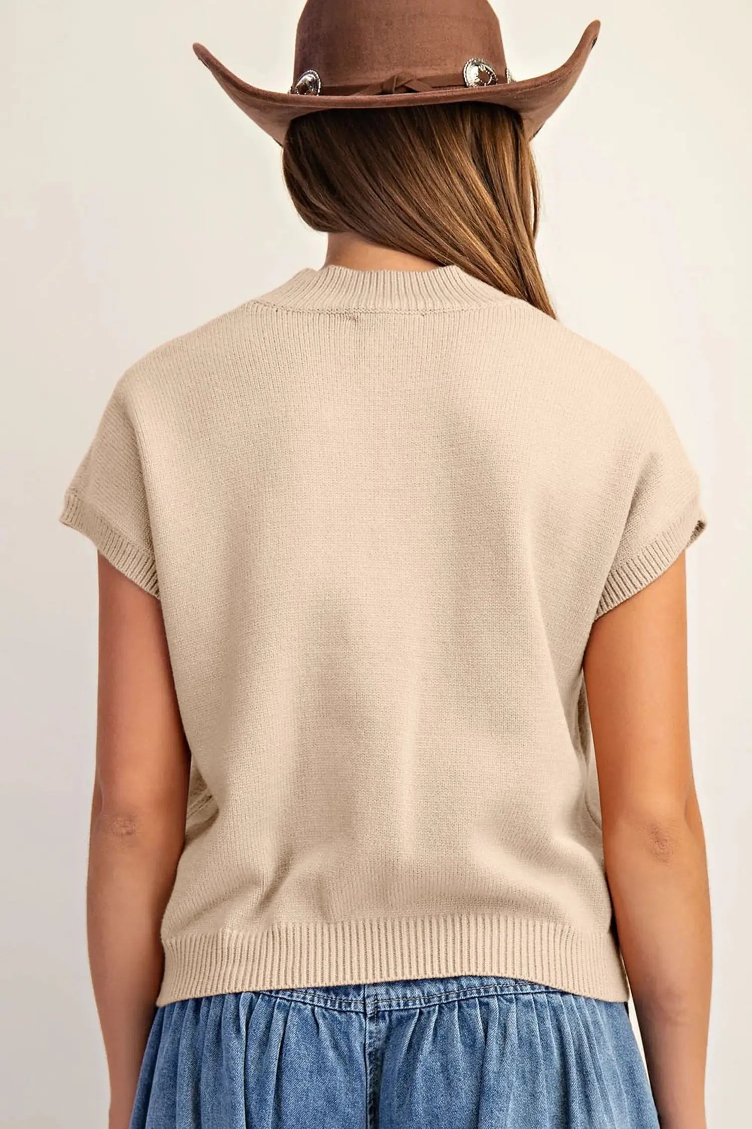 Corded horseshoe western sweater ribbed mock neck short sleeve loose knit sweaters