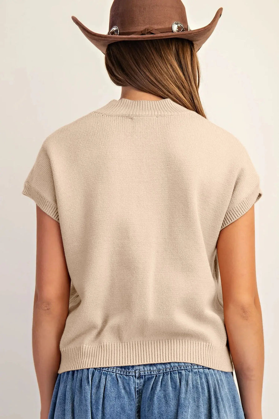 Corded horseshoe western sweater ribbed mock neck short sleeve loose knit sweaters