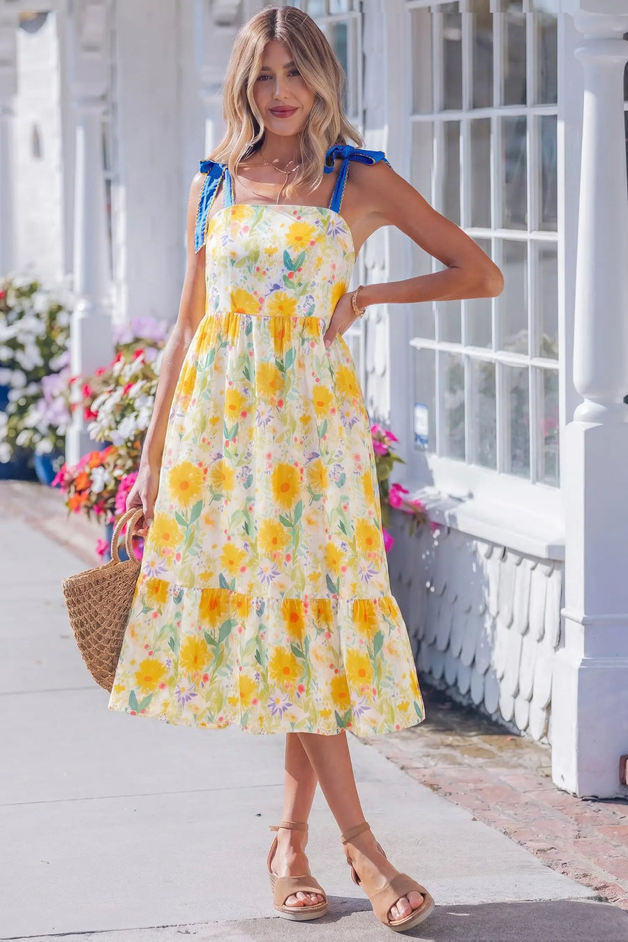 Yellow Floral Knot Denim Strap High Waist Shift Dress Women UK