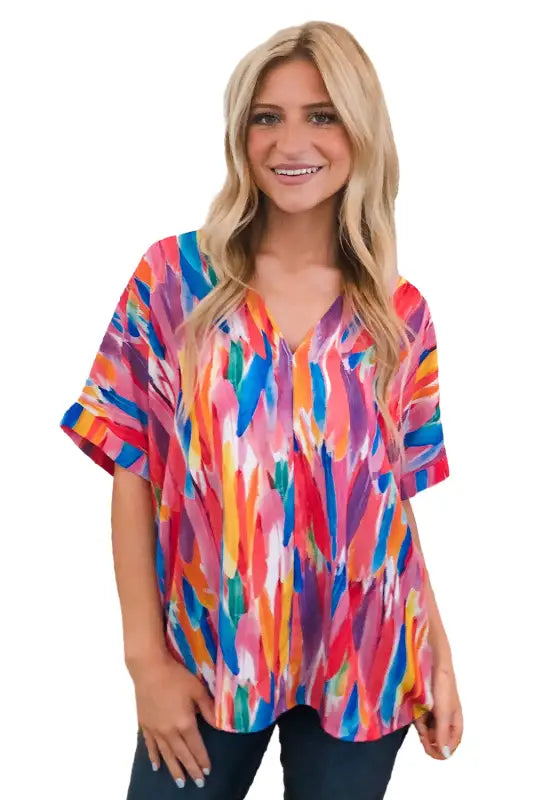 Feather flowy v neck blouse - short sleeve blouses