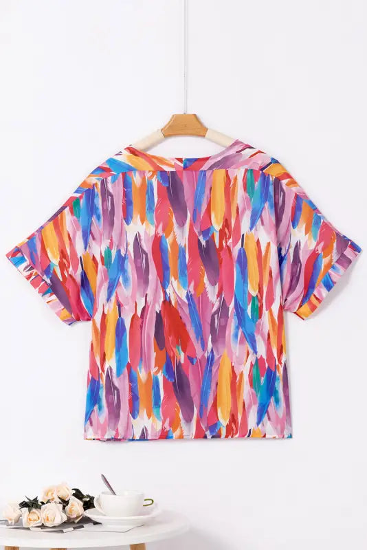 Feather flowy v neck blouse - short sleeve blouses